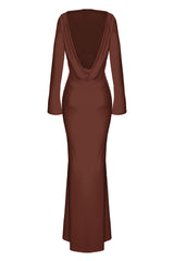 Rochie Maxi cu Spatele Deschis si Drapat, Umber