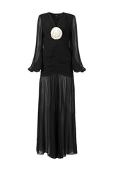 Rochie Lunga cu Detalii Plisate, Neagra