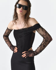 Corset din Dantela cu Drapaj Asimetric, Negru