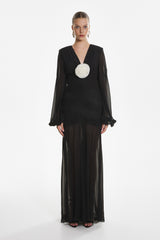 Rochie Lunga cu Detalii Plisate, Neagra