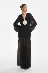 Rochie Lunga cu Detalii Plisate, Neagra