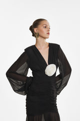 Rochie Lunga cu Detalii Plisate, Neagra