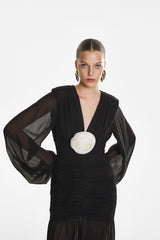 Rochie Lunga cu Detalii Plisate, Neagra