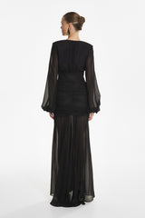 Rochie Lunga cu Detalii Plisate, Neagra