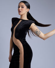 Rochie Blankie din Catifea cu Detaliu Tulle, Neagra