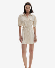 Rochie din Bumbac cu Cusaturi Decorative, Crem