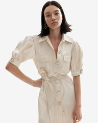 Rochie din Bumbac cu Cusaturi Decorative, Crem