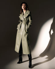 Trench din Piele Vegana, Verde Olive