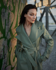 Trench din Piele Vegana, Verde Olive